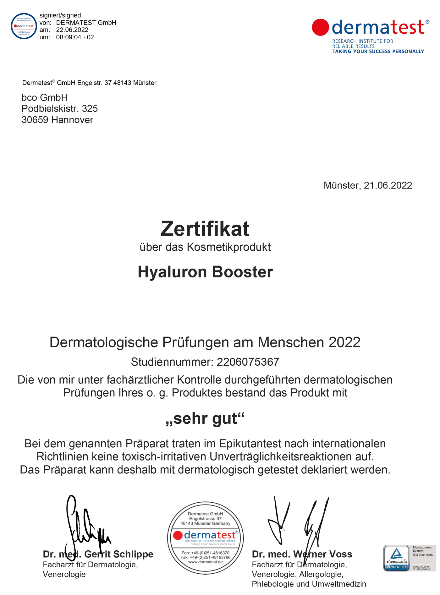 Dermatest Zertifikat vom Natürliche Hautpflege - bco Hyaluron Booster