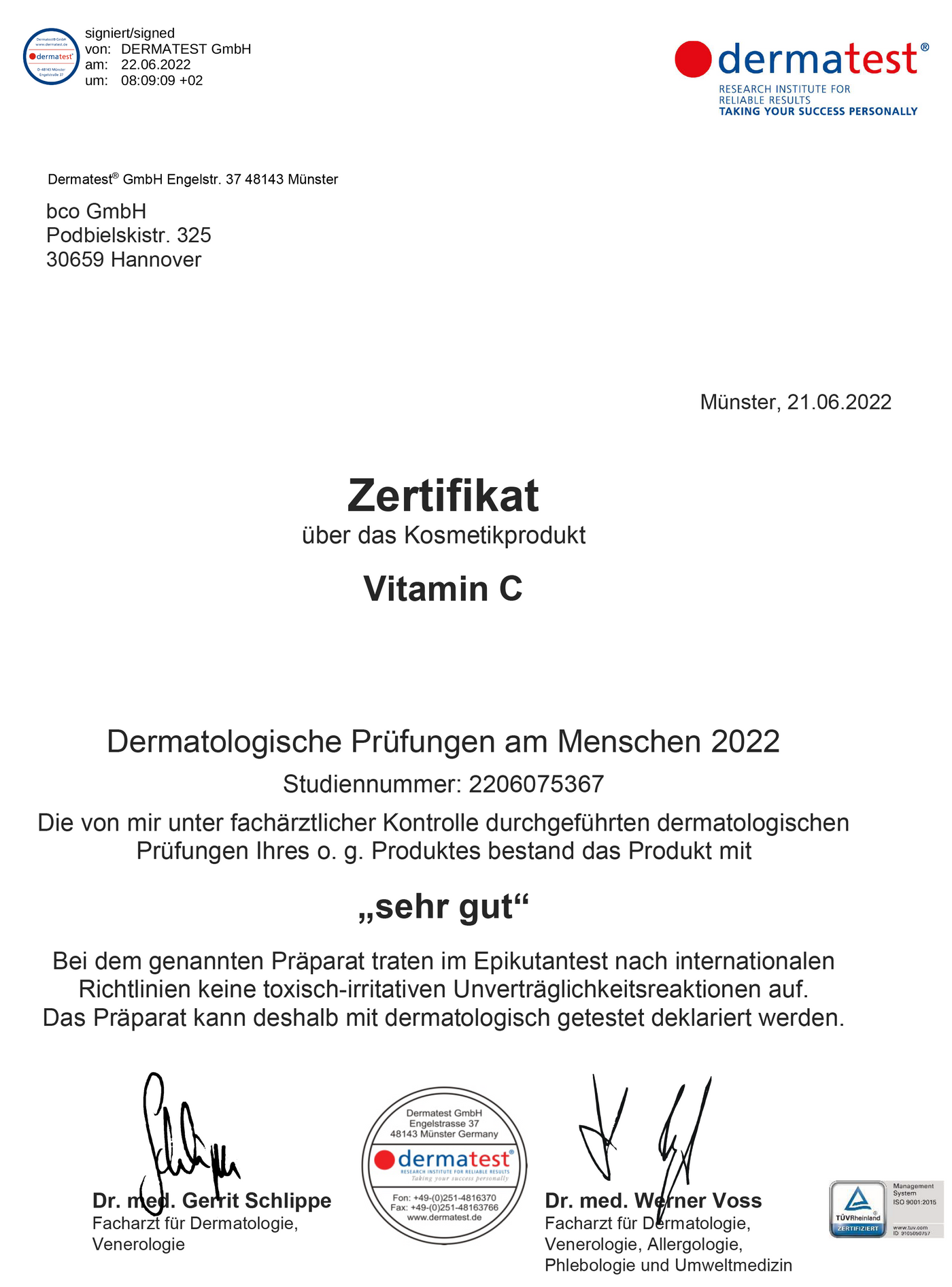 Dermatest Zertifikat vom Natürliche Hautpflege bco vitamin c